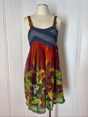 Boho Denim & Floral Chiffon Babydoll Dress Adjustable Straps - Size L
